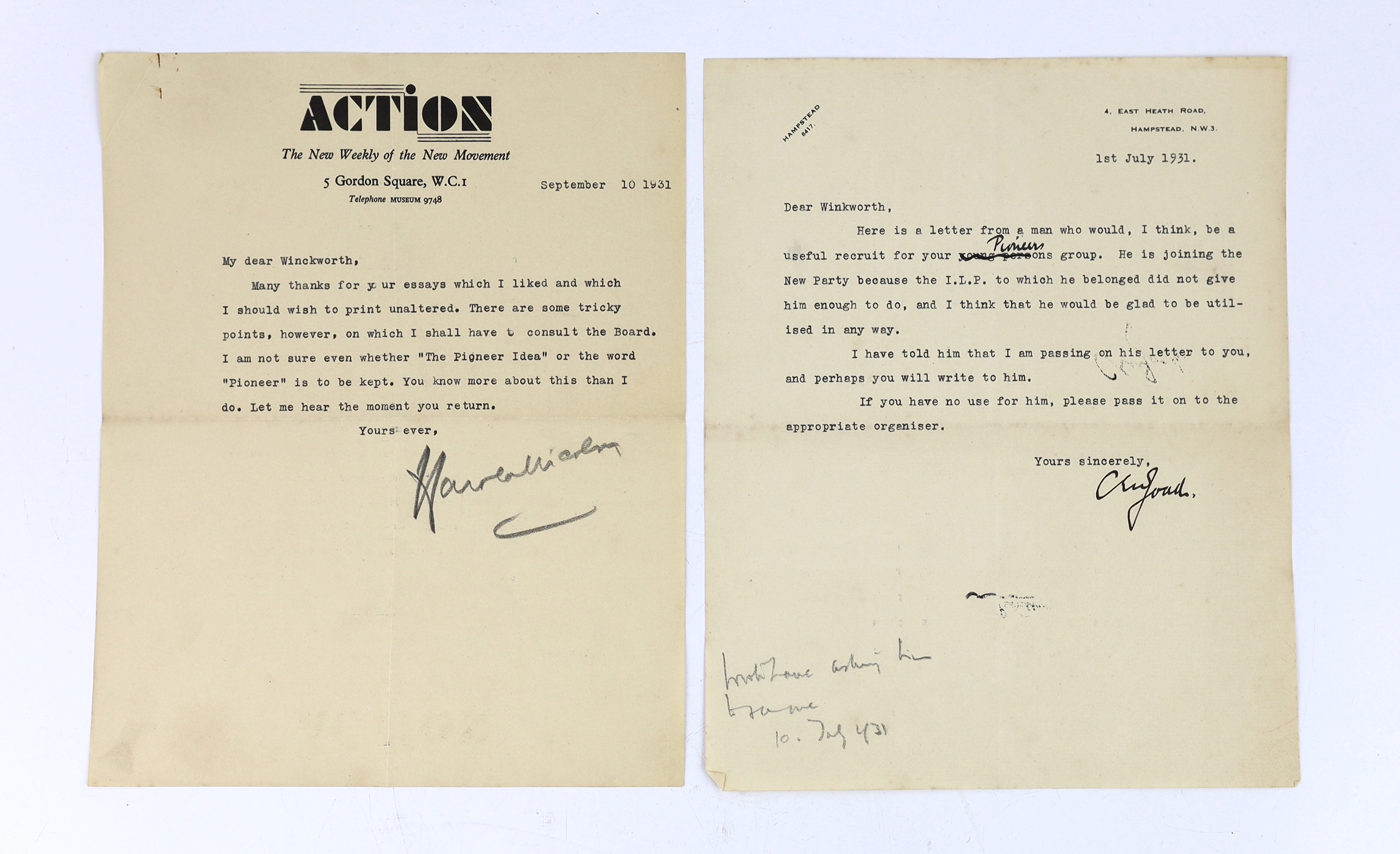 Oswald Mosley, Harold Nicolson, Cyril Joad and The New Party, 1931; six letters to Peter Winckworth, July – September 1931